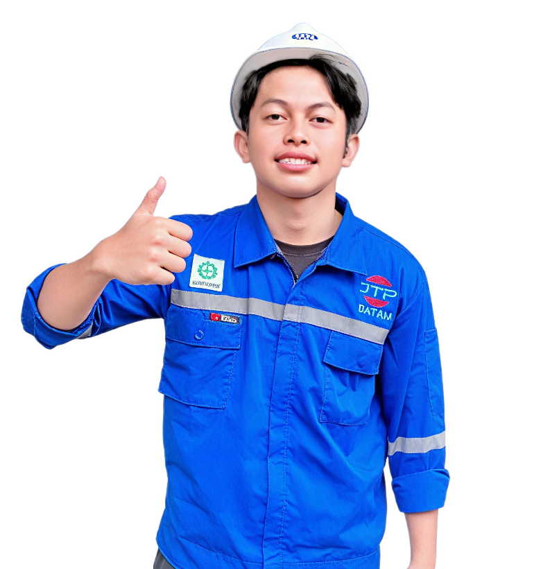 Teknisi PT Jayaguna Tehnik Perkasa dengan seragam biru